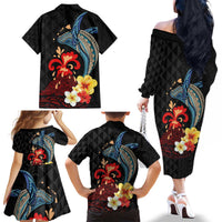Hawaiian Whale and Volcanic Eruption Family Matching Off The Shoulder Long Sleeve Dress and Hawaiian Shirt Hibiscus and Kakau Pattern LT03 - Polynesian Pride
