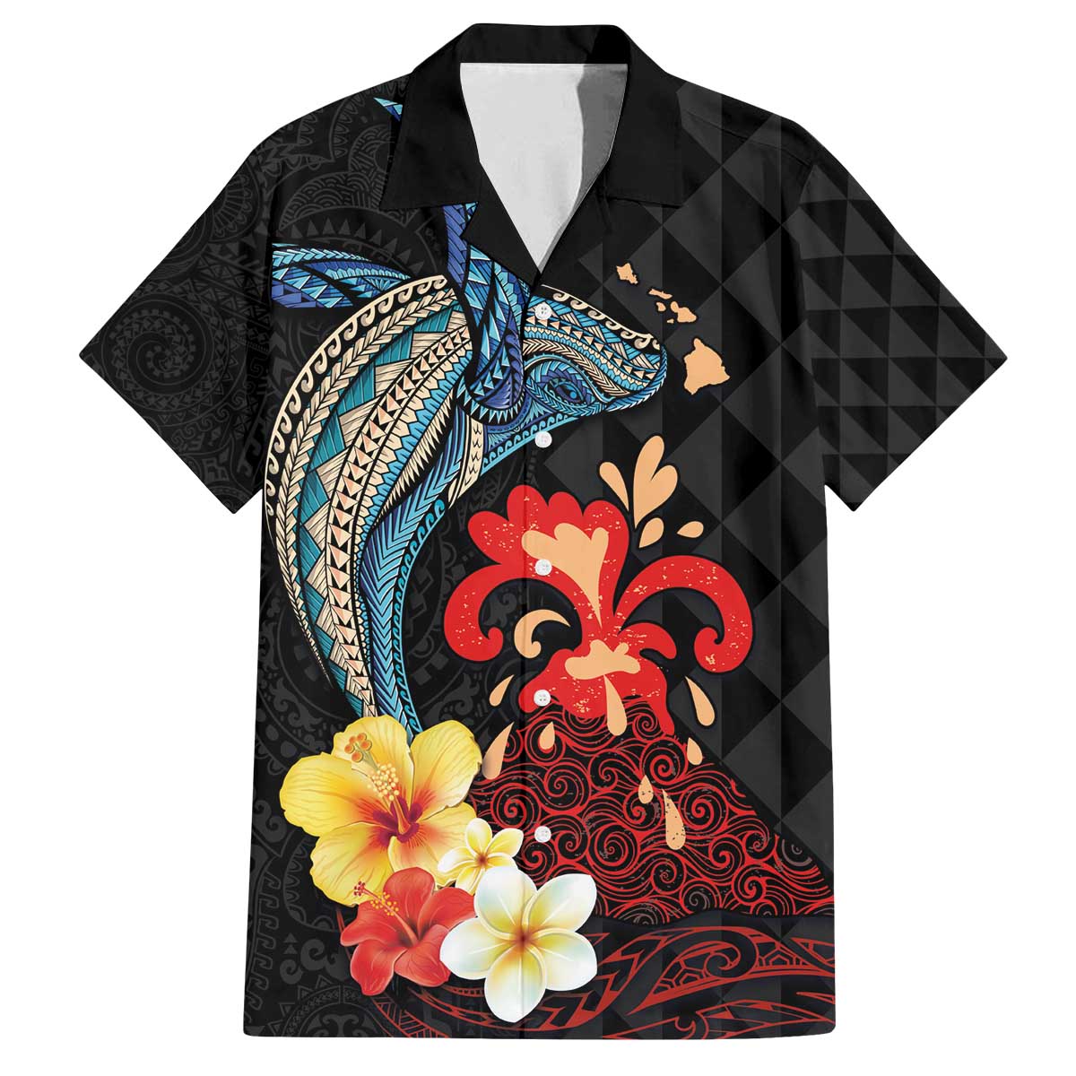 Hawaiian Whale and Volcanic Eruption Family Matching Off The Shoulder Long Sleeve Dress and Hawaiian Shirt Hibiscus and Kakau Pattern LT03 Dad's Shirt - Short Sleeve Black - Polynesian Pride