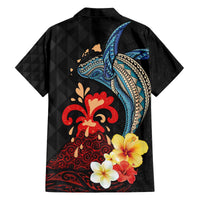 Hawaiian Whale and Volcanic Eruption Family Matching Off The Shoulder Long Sleeve Dress and Hawaiian Shirt Hibiscus and Kakau Pattern LT03 - Polynesian Pride