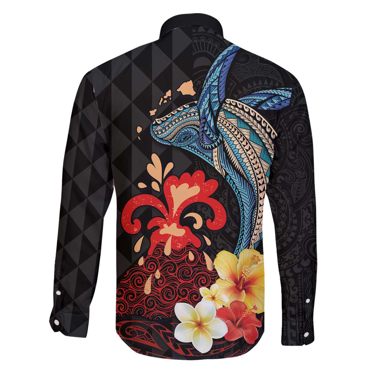 Hawaiian Whale and Volcanic Eruption Family Matching Off The Shoulder Long Sleeve Dress and Hawaiian Shirt Hibiscus and Kakau Pattern LT03 - Polynesian Pride