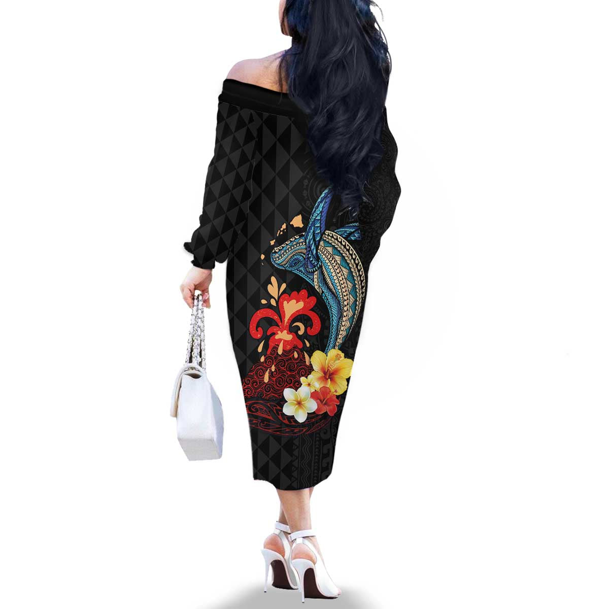 Hawaiian Whale and Volcanic Eruption Family Matching Off The Shoulder Long Sleeve Dress and Hawaiian Shirt Hibiscus and Kakau Pattern LT03 - Polynesian Pride