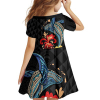 Hawaiian Whale and Volcanic Eruption Family Matching Off Shoulder Short Dress and Hawaiian Shirt Hibiscus and Kakau Pattern LT03 - Polynesian Pride