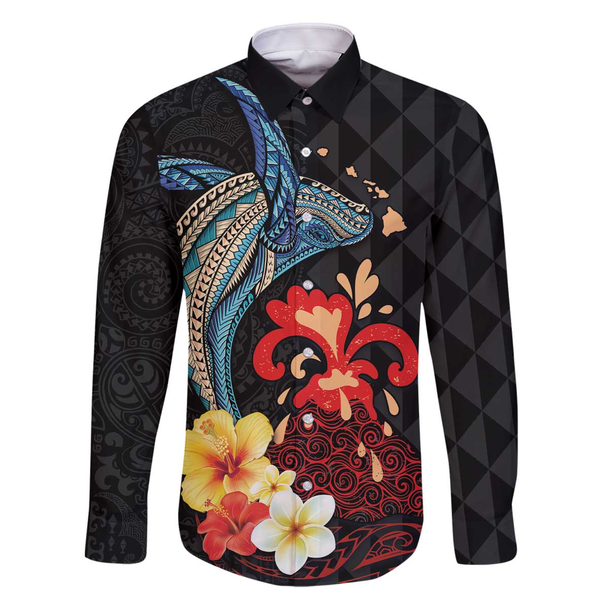 Hawaiian Whale and Volcanic Eruption Family Matching Off Shoulder Short Dress and Hawaiian Shirt Hibiscus and Kakau Pattern LT03 Dad's Shirt - Long Sleeve Black - Polynesian Pride