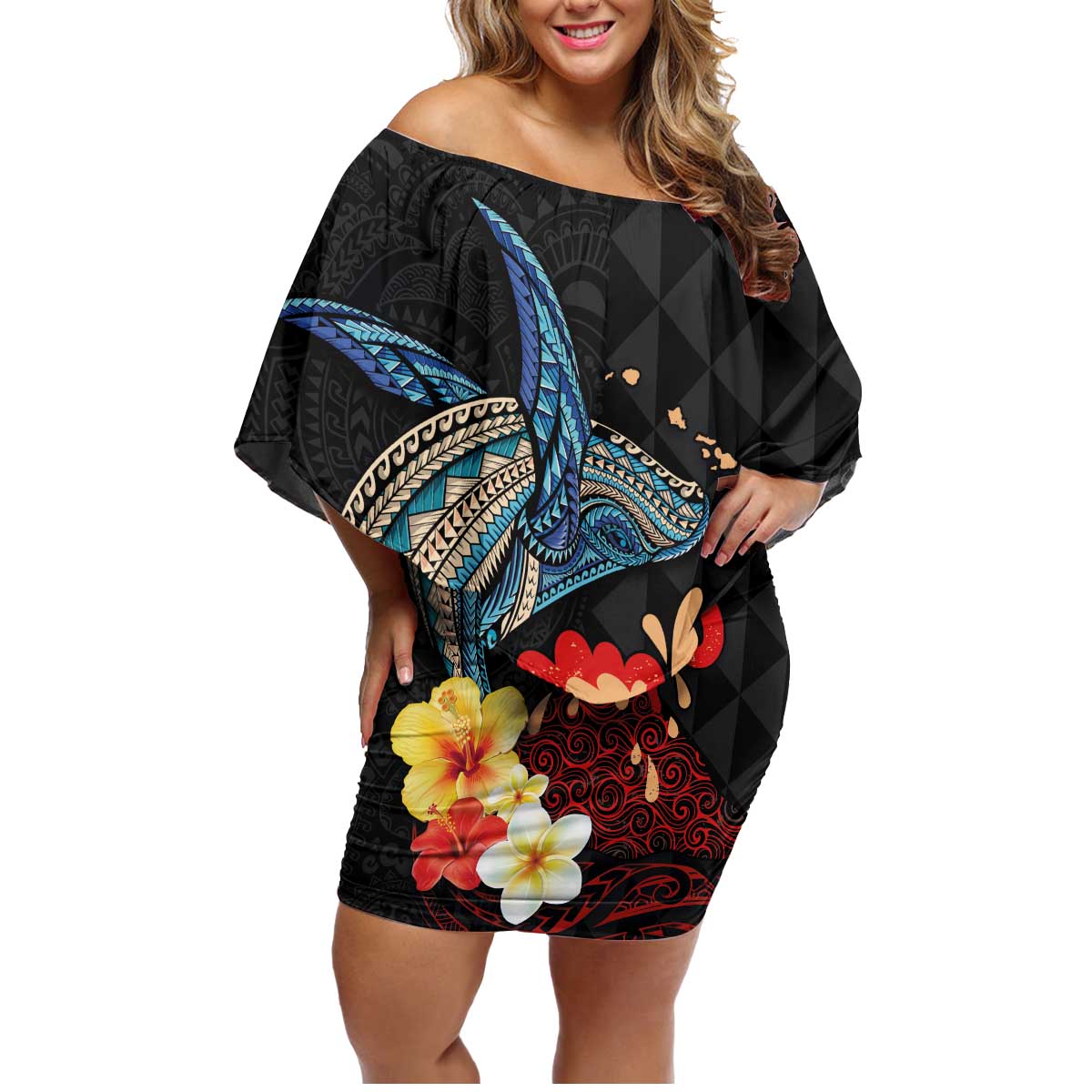 Hawaiian Whale and Volcanic Eruption Family Matching Off Shoulder Short Dress and Hawaiian Shirt Hibiscus and Kakau Pattern LT03 Mom's Dress Black - Polynesian Pride