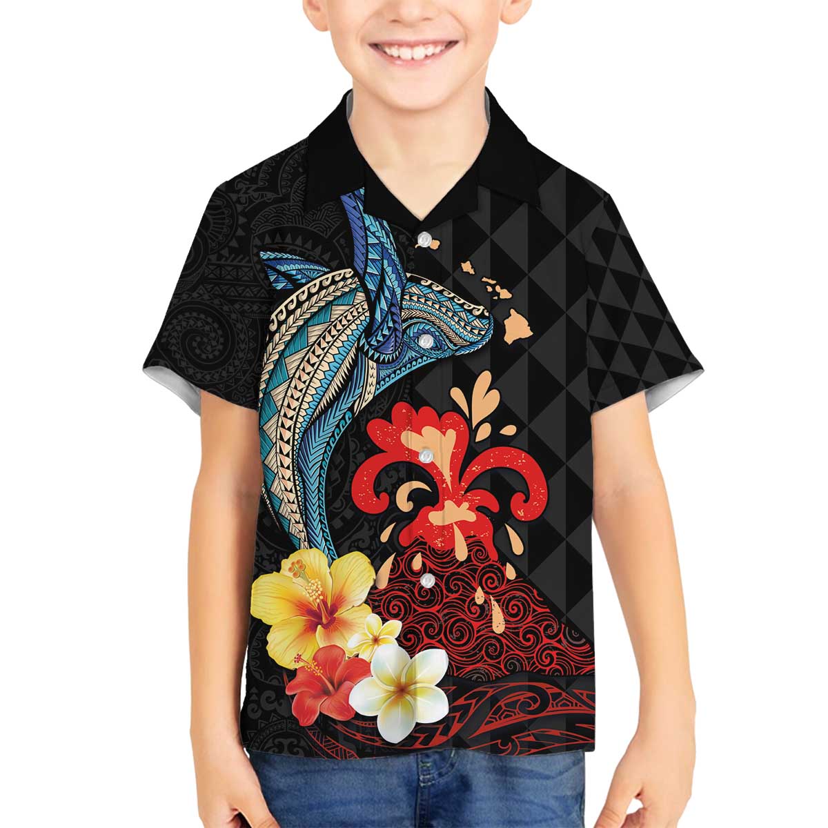 Hawaiian Whale and Volcanic Eruption Family Matching Off Shoulder Short Dress and Hawaiian Shirt Hibiscus and Kakau Pattern LT03 Son's Shirt Black - Polynesian Pride