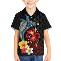 Hawaiian Whale and Volcanic Eruption Family Matching Off Shoulder Short Dress and Hawaiian Shirt Hibiscus and Kakau Pattern LT03 Son's Shirt Black - Polynesian Pride