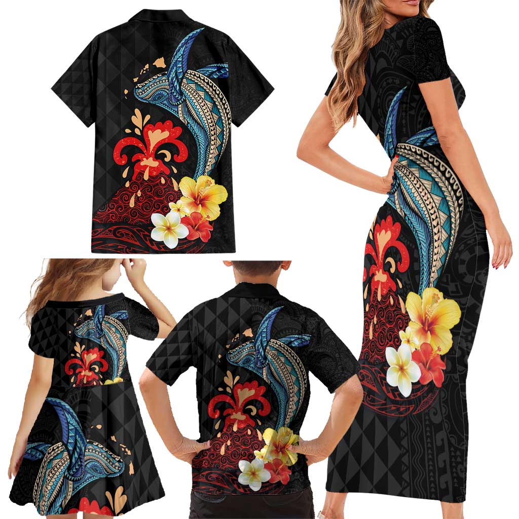 Hawaiian Whale and Volcanic Eruption Family Matching Short Sleeve Bodycon Dress and Hawaiian Shirt Hibiscus and Kakau Pattern LT03 - Polynesian Pride