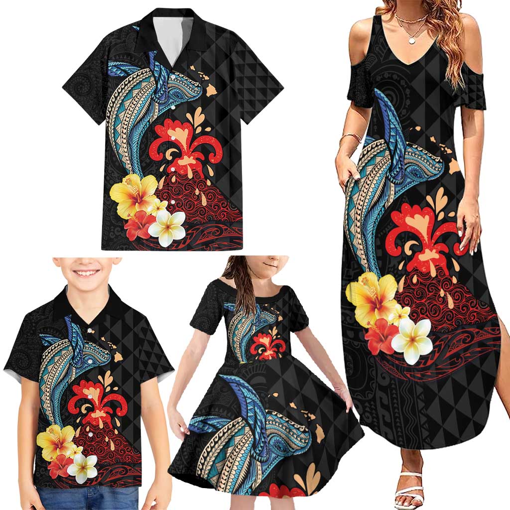 Hawaiian Whale and Volcanic Eruption Family Matching Summer Maxi Dress and Hawaiian Shirt Hibiscus and Kakau Pattern LT03 - Polynesian Pride