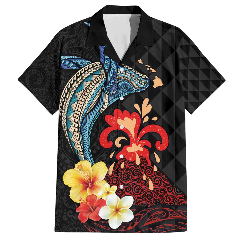 Hawaiian Whale and Volcanic Eruption Family Matching Summer Maxi Dress and Hawaiian Shirt Hibiscus and Kakau Pattern LT03 Dad's Shirt - Short Sleeve Black - Polynesian Pride