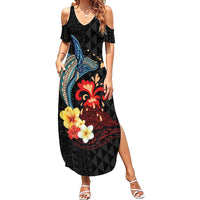 Hawaiian Whale and Volcanic Eruption Family Matching Summer Maxi Dress and Hawaiian Shirt Hibiscus and Kakau Pattern LT03 Mom's Dress Black - Polynesian Pride