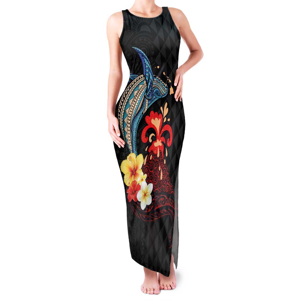 Hawaiian Whale and Volcanic Eruption Family Matching Tank Maxi Dress and Hawaiian Shirt Hibiscus and Kakau Pattern LT03 Mom's Dress Black - Polynesian Pride