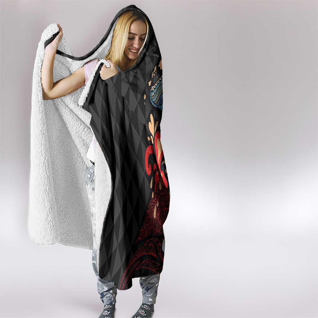 Hawaiian Whale and Volcanic Eruption Hooded Blanket Hibiscus and Kakau Pattern