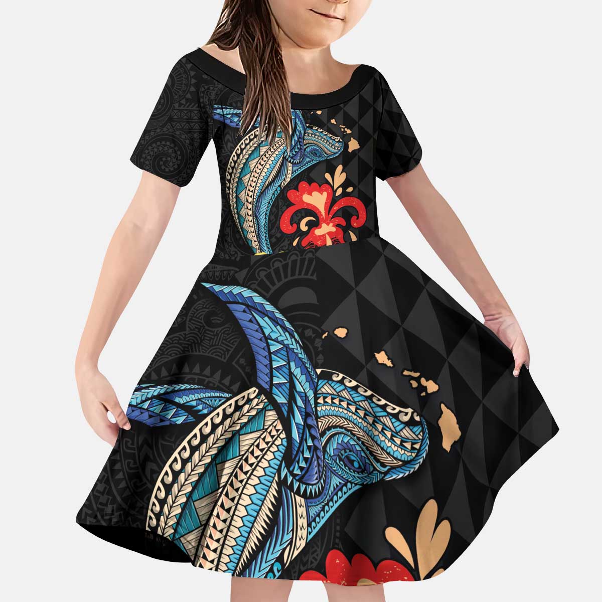 Hawaiian Whale and Volcanic Eruption Kid Short Sleeve Dress Hibiscus and Kakau Pattern