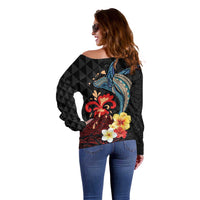 Hawaiian Whale and Volcanic Eruption Off Shoulder Sweater Hibiscus and Kakau Pattern