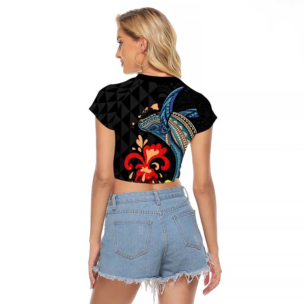 Hawaiian Whale and Volcanic Eruption Raglan Cropped T Shirt Hibiscus and Kakau Pattern