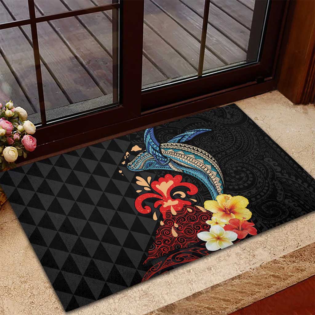 Hawaiian Whale and Volcanic Eruption Rubber Doormat Hibiscus and Kakau Pattern