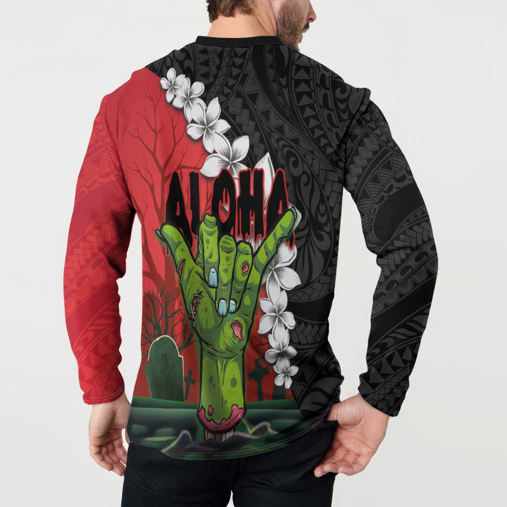 Hawaiian Halloween Button Sweatshirt Horror Shaka Hand with Plumeria and Polynesian Tattoo Blood Color