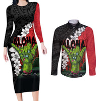 Hawaiian Halloween Couples Matching Long Sleeve Bodycon Dress and Long Sleeve Button Shirt Horror Shaka Hand with Plumeria and Polynesian Tattoo Blood Color LT03 Red - Polynesian Pride