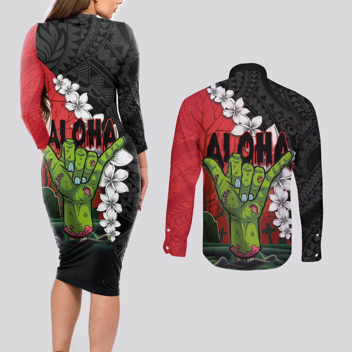Hawaiian Halloween Couples Matching Long Sleeve Bodycon Dress and Long Sleeve Button Shirt Horror Shaka Hand with Plumeria and Polynesian Tattoo Blood Color LT03 - Polynesian Pride