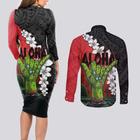 Hawaiian Halloween Couples Matching Long Sleeve Bodycon Dress and Long Sleeve Button Shirt Horror Shaka Hand with Plumeria and Polynesian Tattoo Blood Color LT03 - Polynesian Pride