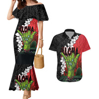 Hawaiian Halloween Couples Matching Mermaid Dress and Hawaiian Shirt Horror Shaka Hand with Plumeria and Polynesian Tattoo Blood Color LT03 Red - Polynesian Pride