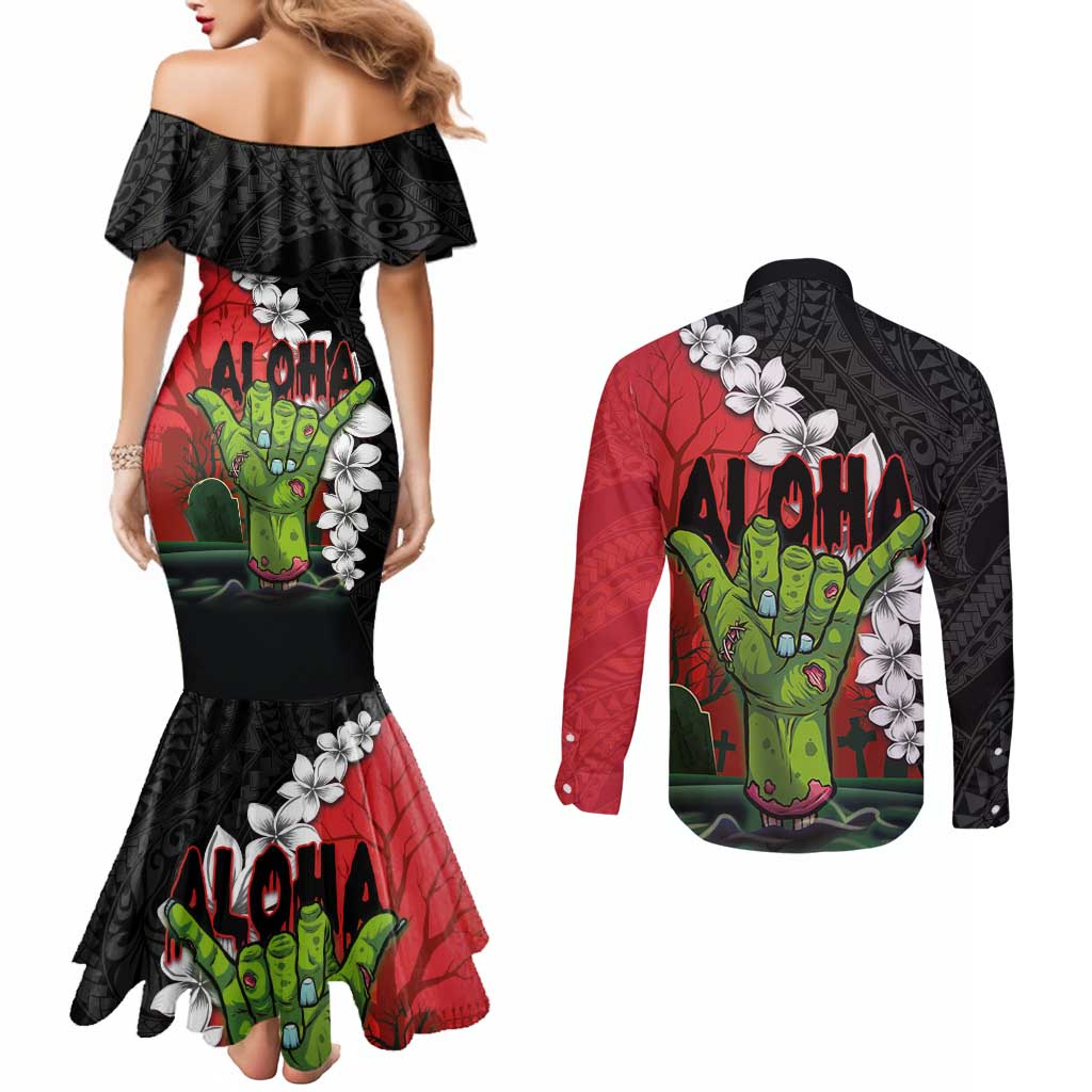 Hawaiian Halloween Couples Matching Mermaid Dress and Long Sleeve Button Shirt Horror Shaka Hand with Plumeria and Polynesian Tattoo Blood Color LT03 - Polynesian Pride