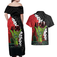 Hawaiian Halloween Couples Matching Off Shoulder Maxi Dress and Hawaiian Shirt Horror Shaka Hand with Plumeria and Polynesian Tattoo Blood Color LT03 - Polynesian Pride