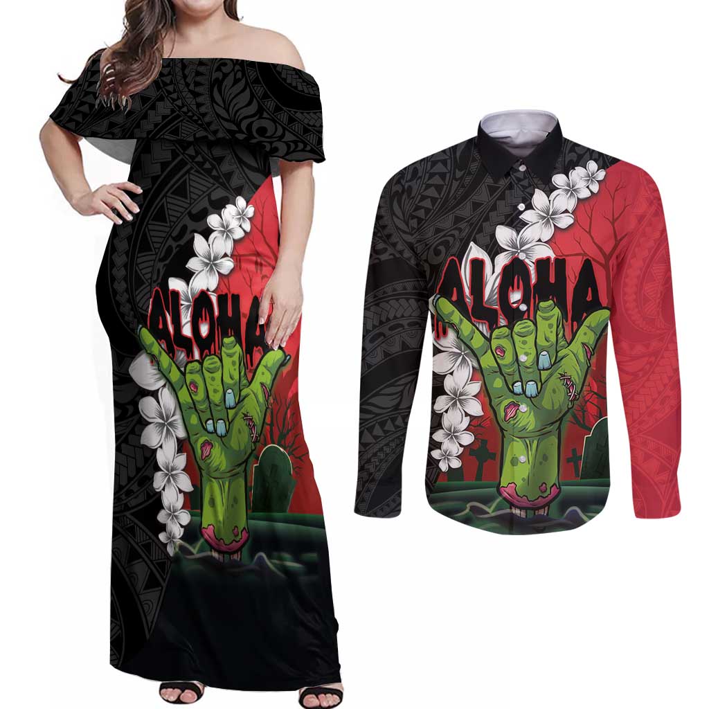 Hawaiian Halloween Couples Matching Off Shoulder Maxi Dress and Long Sleeve Button Shirt Horror Shaka Hand with Plumeria and Polynesian Tattoo Blood Color LT03 Red - Polynesian Pride
