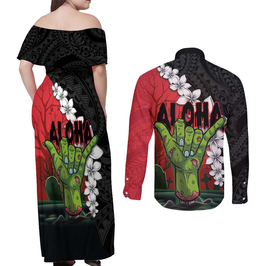 Hawaiian Halloween Couples Matching Off Shoulder Maxi Dress and Long Sleeve Button Shirt Horror Shaka Hand with Plumeria and Polynesian Tattoo Blood Color LT03 - Polynesian Pride