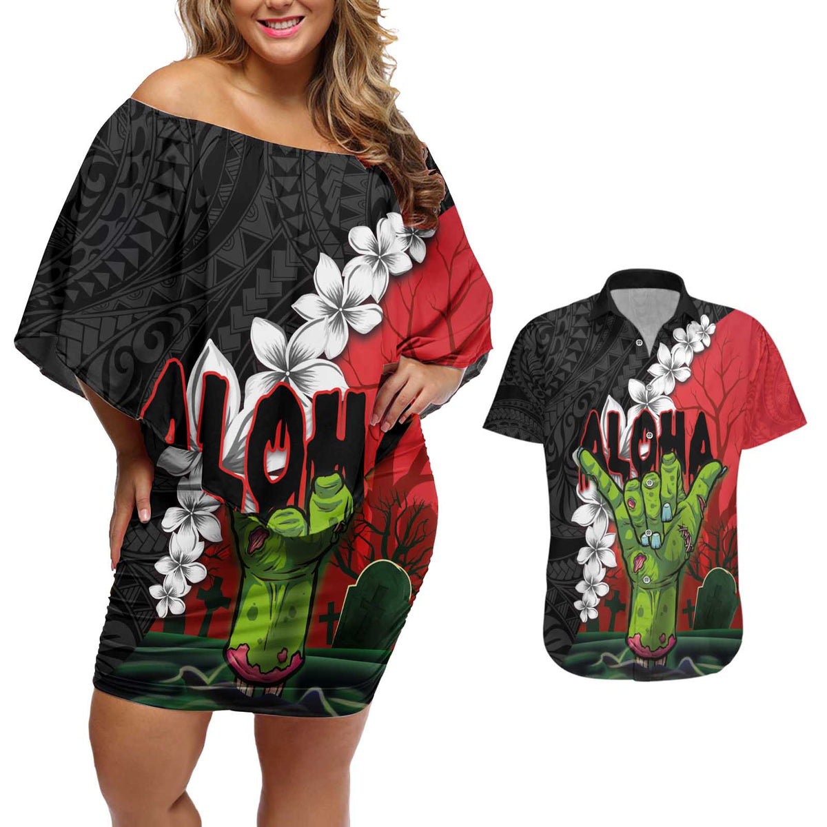Hawaiian Halloween Couples Matching Off Shoulder Short Dress and Hawaiian Shirt Horror Shaka Hand with Plumeria and Polynesian Tattoo Blood Color LT03 Red - Polynesian Pride