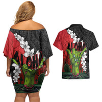 Hawaiian Halloween Couples Matching Off Shoulder Short Dress and Hawaiian Shirt Horror Shaka Hand with Plumeria and Polynesian Tattoo Blood Color LT03 - Polynesian Pride