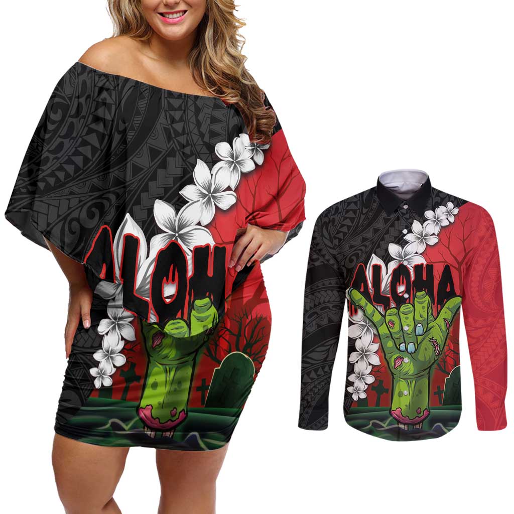 Hawaiian Halloween Couples Matching Off Shoulder Short Dress and Long Sleeve Button Shirt Horror Shaka Hand with Plumeria and Polynesian Tattoo Blood Color LT03 Red - Polynesian Pride