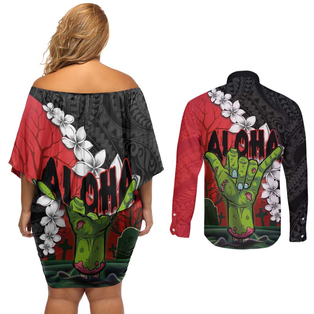 Hawaiian Halloween Couples Matching Off Shoulder Short Dress and Long Sleeve Button Shirt Horror Shaka Hand with Plumeria and Polynesian Tattoo Blood Color LT03 - Polynesian Pride