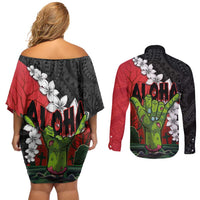 Hawaiian Halloween Couples Matching Off Shoulder Short Dress and Long Sleeve Button Shirt Horror Shaka Hand with Plumeria and Polynesian Tattoo Blood Color LT03 - Polynesian Pride