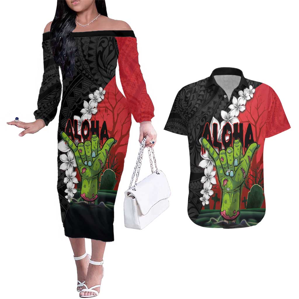 Hawaiian Halloween Couples Matching Off The Shoulder Long Sleeve Dress and Hawaiian Shirt Horror Shaka Hand with Plumeria and Polynesian Tattoo Blood Color LT03 Red - Polynesian Pride