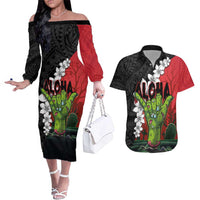 Hawaiian Halloween Couples Matching Off The Shoulder Long Sleeve Dress and Hawaiian Shirt Horror Shaka Hand with Plumeria and Polynesian Tattoo Blood Color LT03 Red - Polynesian Pride