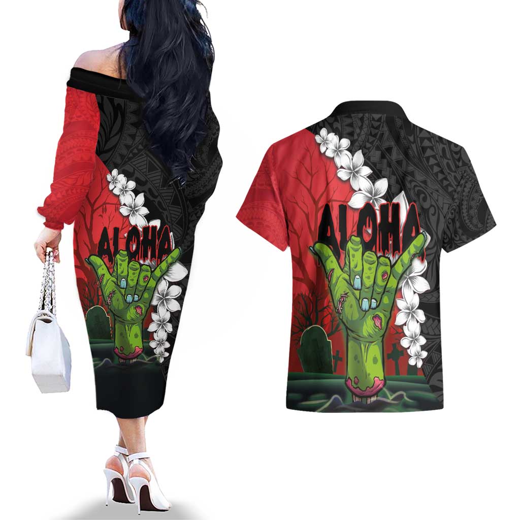 Hawaiian Halloween Couples Matching Off The Shoulder Long Sleeve Dress and Hawaiian Shirt Horror Shaka Hand with Plumeria and Polynesian Tattoo Blood Color LT03 - Polynesian Pride