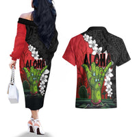 Hawaiian Halloween Couples Matching Off The Shoulder Long Sleeve Dress and Hawaiian Shirt Horror Shaka Hand with Plumeria and Polynesian Tattoo Blood Color LT03 - Polynesian Pride