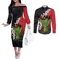 Hawaiian Halloween Couples Matching Off The Shoulder Long Sleeve Dress and Long Sleeve Button Shirt Horror Shaka Hand with Plumeria and Polynesian Tattoo Blood Color LT03 Red - Polynesian Pride