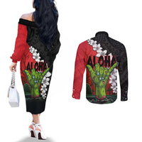 Hawaiian Halloween Couples Matching Off The Shoulder Long Sleeve Dress and Long Sleeve Button Shirt Horror Shaka Hand with Plumeria and Polynesian Tattoo Blood Color LT03 - Polynesian Pride
