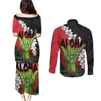 Hawaiian Halloween Couples Matching Puletasi and Long Sleeve Button Shirt Horror Shaka Hand with Plumeria and Polynesian Tattoo Blood Color LT03 - Polynesian Pride