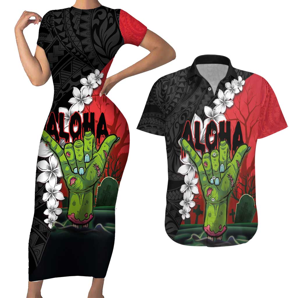 Hawaiian Halloween Couples Matching Short Sleeve Bodycon Dress and Hawaiian Shirt Horror Shaka Hand with Plumeria and Polynesian Tattoo Blood Color LT03 Red - Polynesian Pride