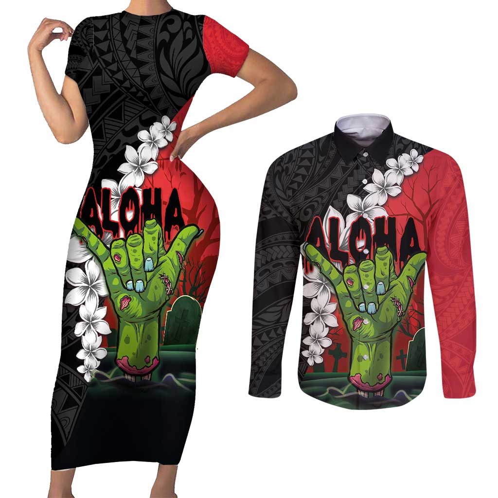 Hawaiian Halloween Couples Matching Short Sleeve Bodycon Dress and Long Sleeve Button Shirt Horror Shaka Hand with Plumeria and Polynesian Tattoo Blood Color LT03 Red - Polynesian Pride
