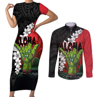 Hawaiian Halloween Couples Matching Short Sleeve Bodycon Dress and Long Sleeve Button Shirt Horror Shaka Hand with Plumeria and Polynesian Tattoo Blood Color LT03 Red - Polynesian Pride