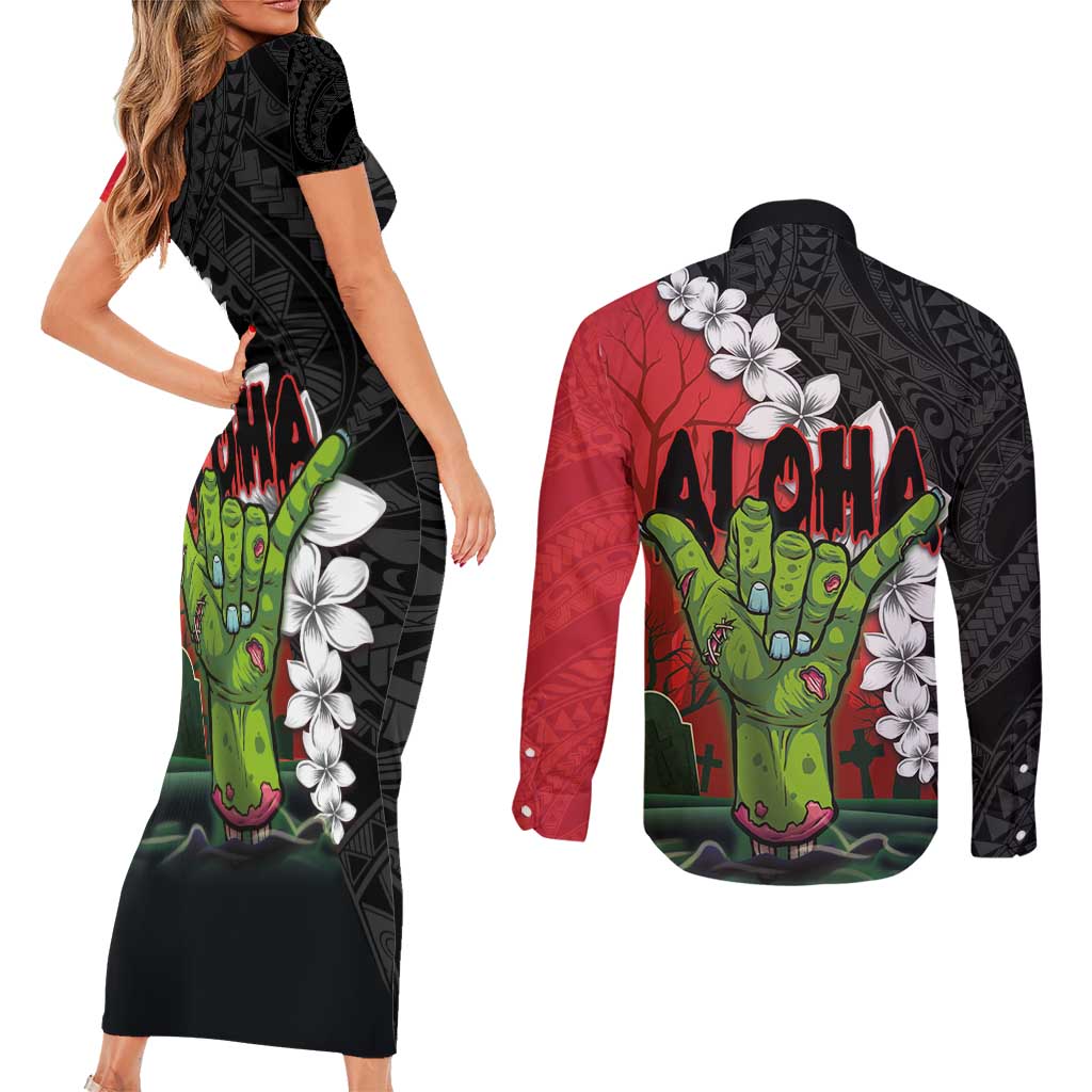 Hawaiian Halloween Couples Matching Short Sleeve Bodycon Dress and Long Sleeve Button Shirt Horror Shaka Hand with Plumeria and Polynesian Tattoo Blood Color LT03 - Polynesian Pride