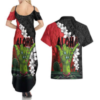 Hawaiian Halloween Couples Matching Summer Maxi Dress and Hawaiian Shirt Horror Shaka Hand with Plumeria and Polynesian Tattoo Blood Color LT03 - Polynesian Pride