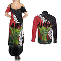 Hawaiian Halloween Couples Matching Summer Maxi Dress and Long Sleeve Button Shirt Horror Shaka Hand with Plumeria and Polynesian Tattoo Blood Color LT03 - Polynesian Pride