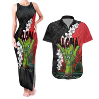 Hawaiian Halloween Couples Matching Tank Maxi Dress and Hawaiian Shirt Horror Shaka Hand with Plumeria and Polynesian Tattoo Blood Color LT03 Red - Polynesian Pride