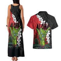 Hawaiian Halloween Couples Matching Tank Maxi Dress and Hawaiian Shirt Horror Shaka Hand with Plumeria and Polynesian Tattoo Blood Color LT03 - Polynesian Pride