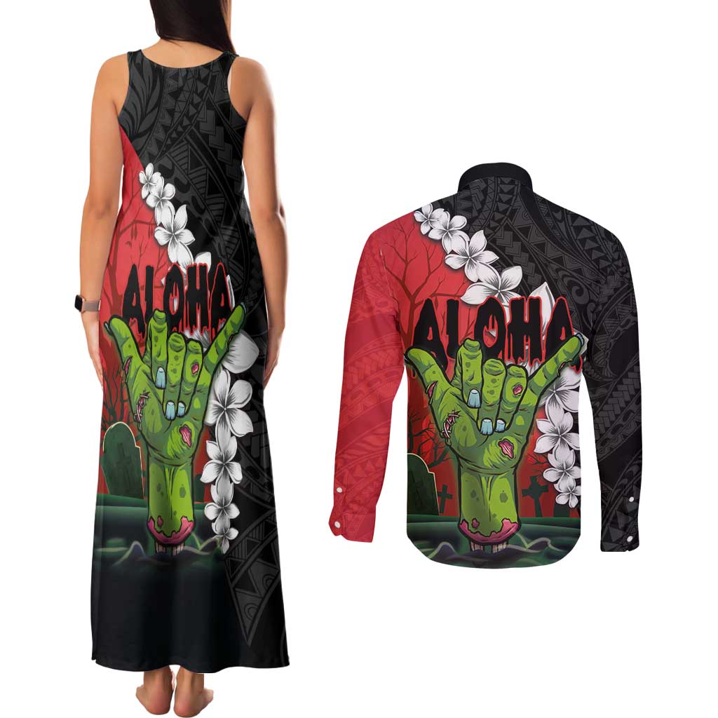 Hawaiian Halloween Couples Matching Tank Maxi Dress and Long Sleeve Button Shirt Horror Shaka Hand with Plumeria and Polynesian Tattoo Blood Color LT03 - Polynesian Pride